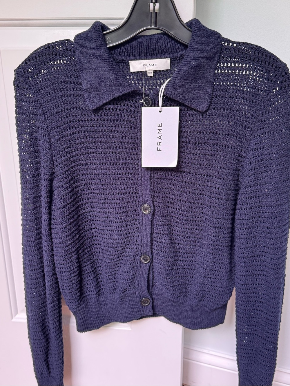 Frame The Shrunken Cardi  / Navy Open-Knit Sweater